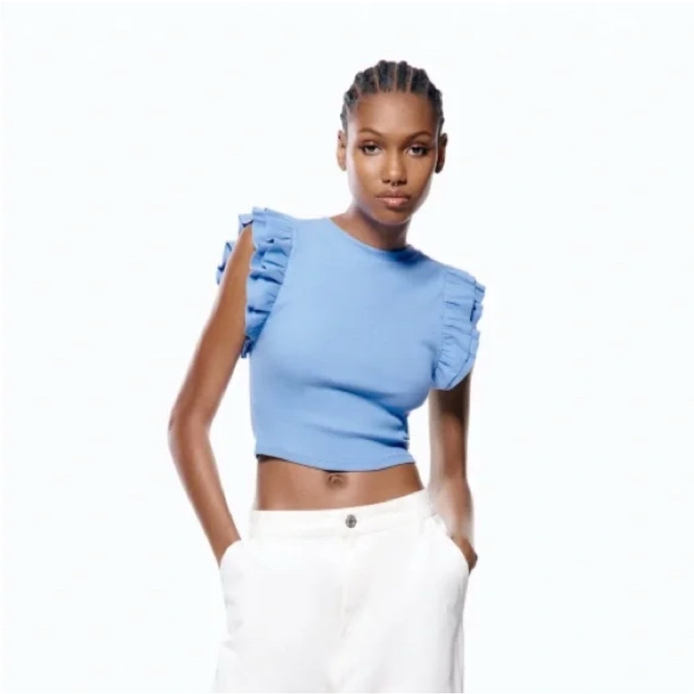 Zara Sky Blue Ruffle Sleeve Tee